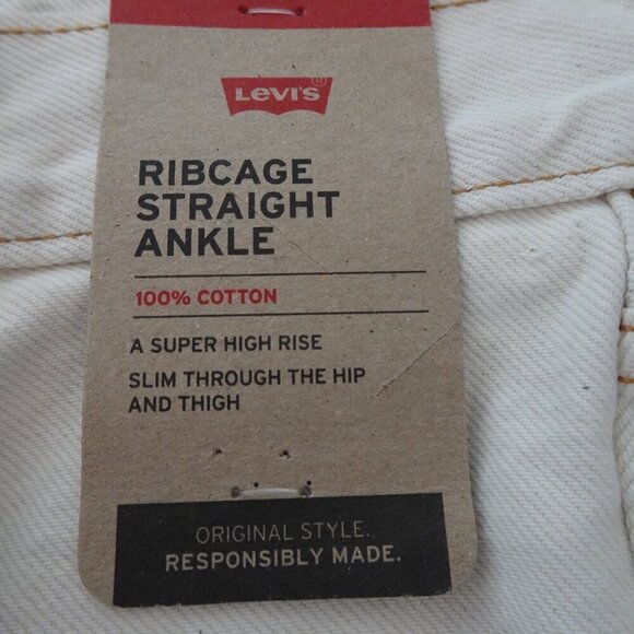 Levi's Ribcage Straight Ankle Jeans Size 28x27 Ivory Denim Distressed Button Fly - Picture 7 of 11